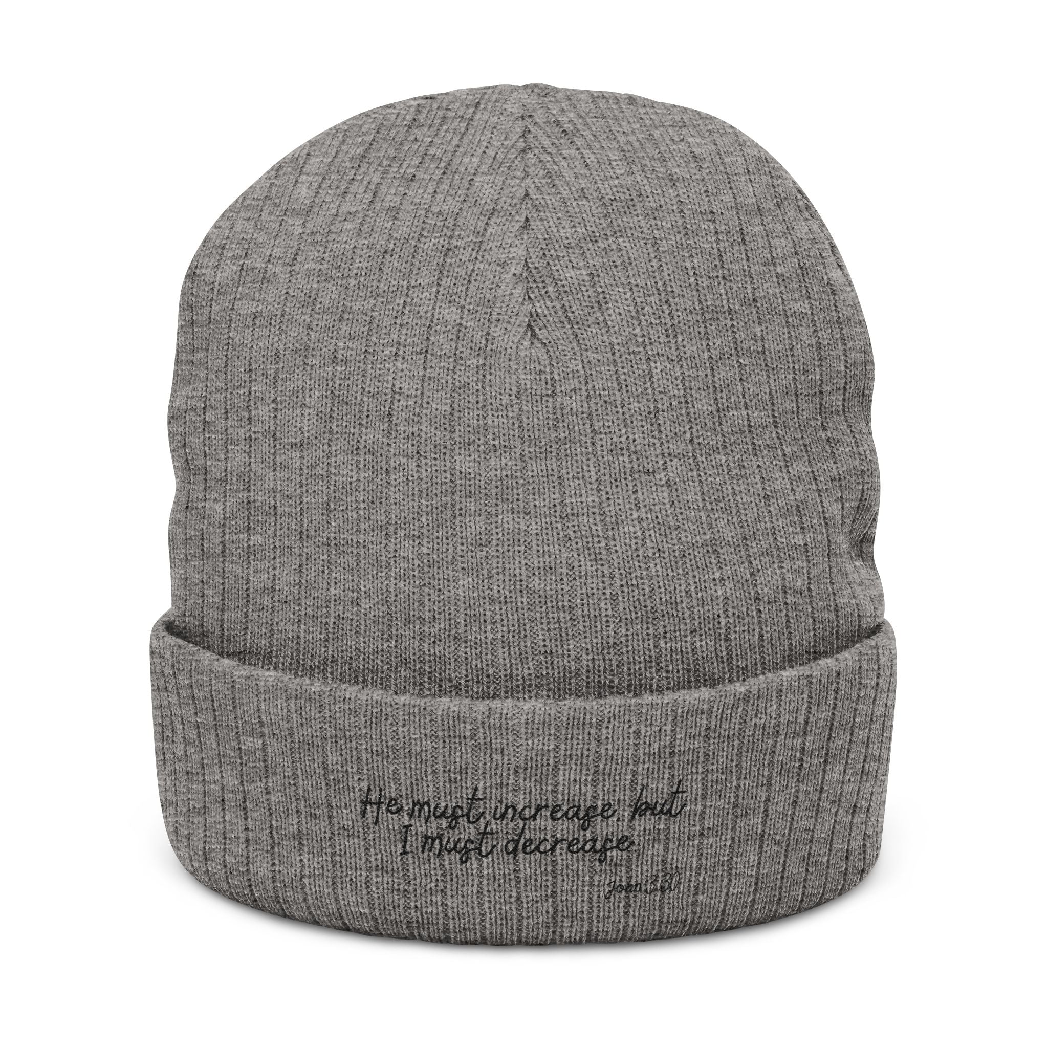 John 3:30 Embroidered Ribbed Knit Beanie — Minimal Grey Cuff Hat